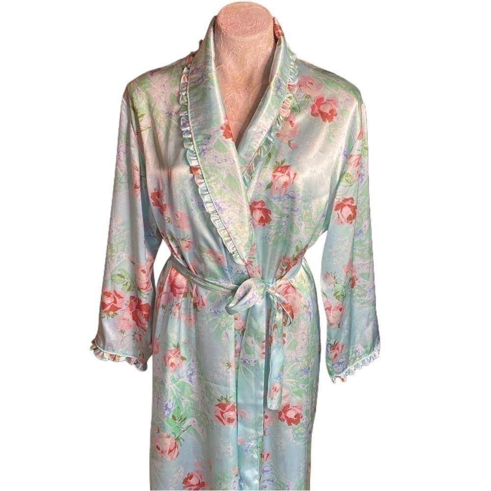 Intimate Essentials ruffled floral pastel  satiny silky long Robe roses sz S